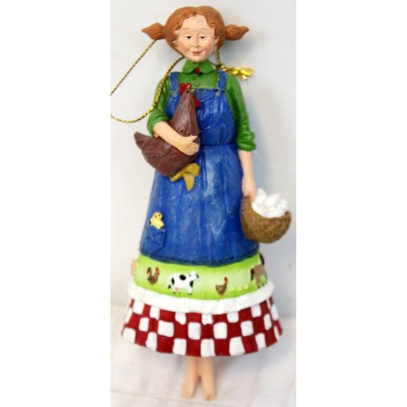 Jim Shore Inspired Animal Checkered Dress Farm Girl Hen Eggs Pigtails Ornament - Picture 1 of 8